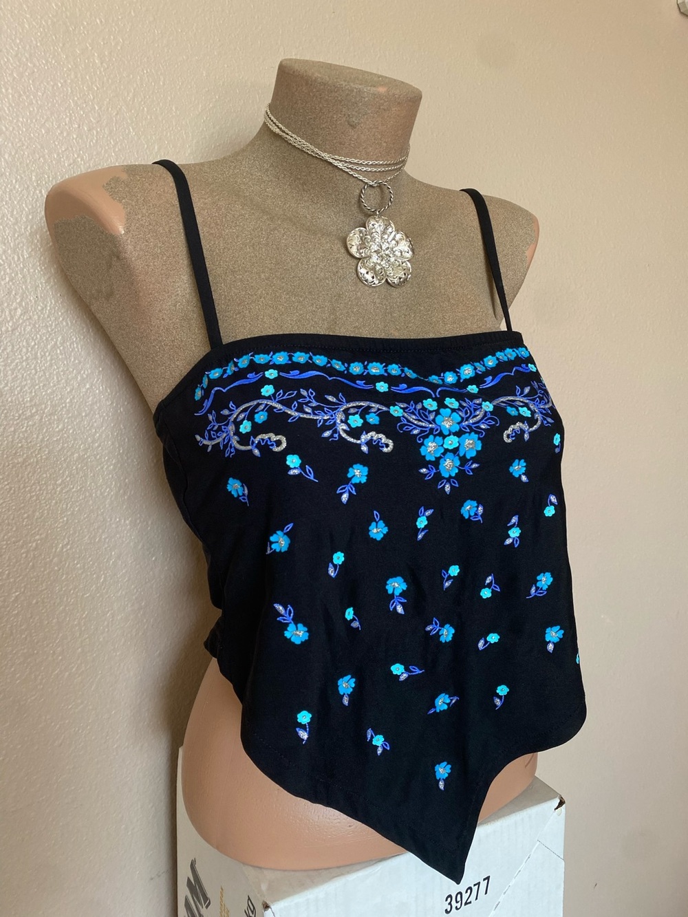 Y2k NOBO Black Tank Top with Blue Floral Design